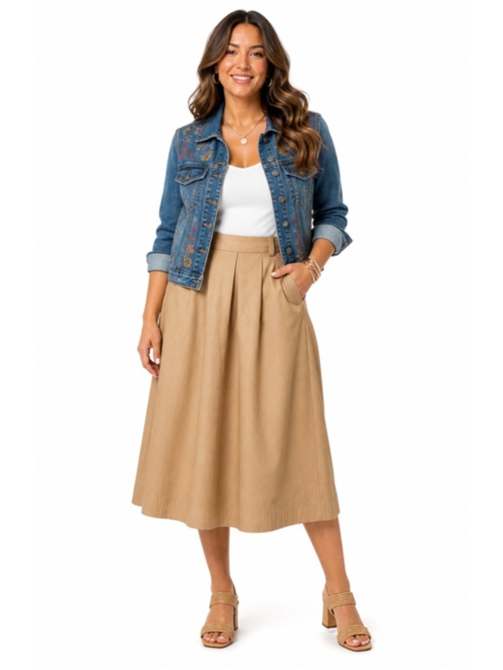 Vintage 1980s Barry Bricken Tan Khaki A-Line Midi Circle Skirt XS fits 26” waist